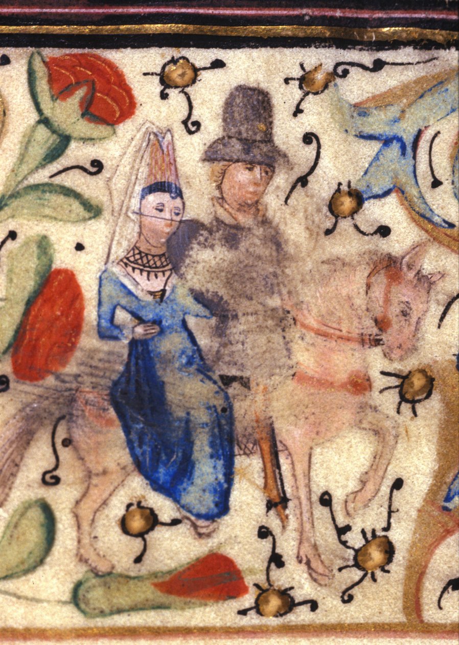 En ridder og hans dame: Fransk belysning af det 14. århundrede fra et manuskript af Petrarch (Francesco Petrarca). Biblioteca comunale di Rimini. af Unknown artist