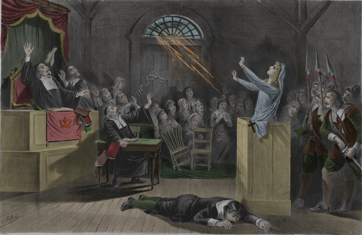 Et lyn brænder en heks lænker under hendes retssager i Salem. af Unknown artist