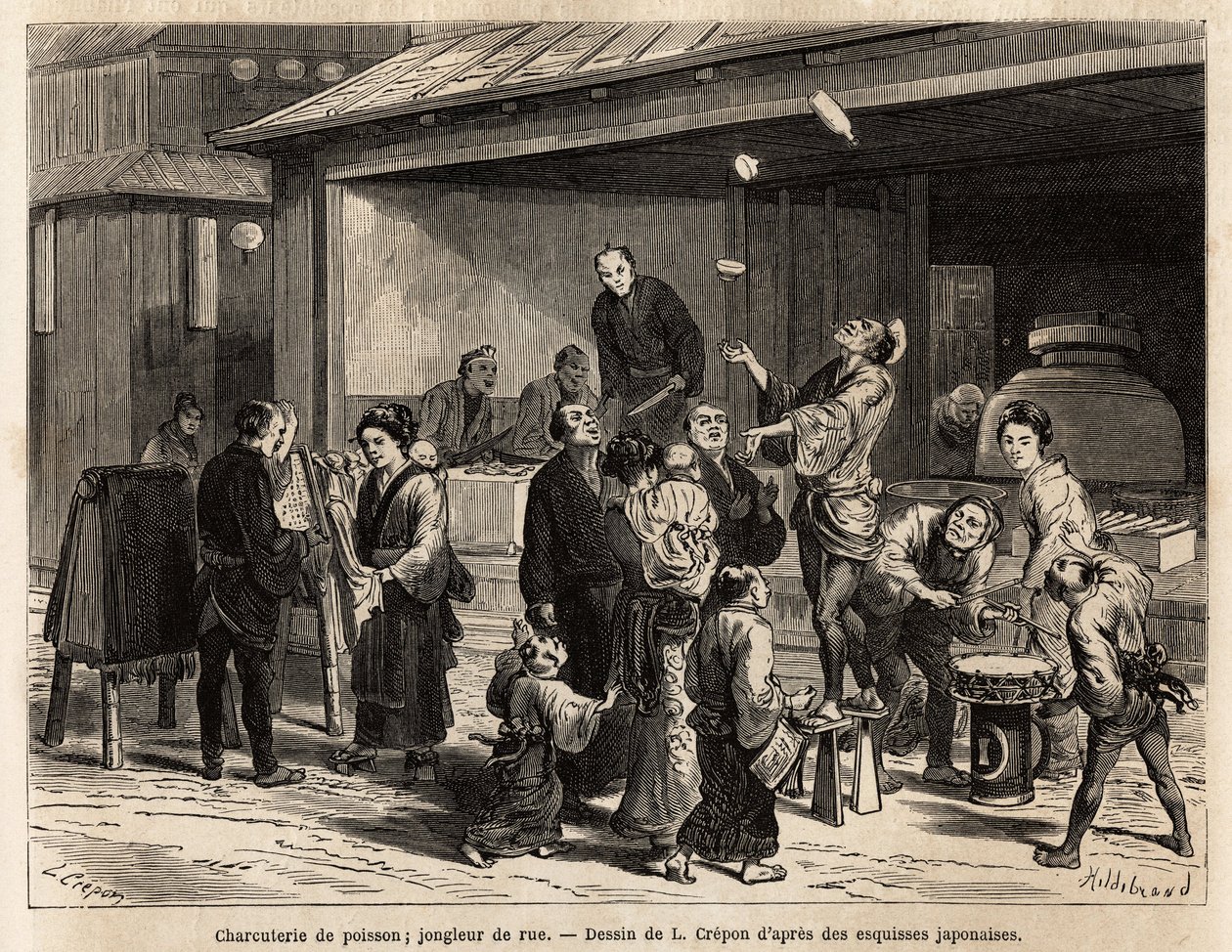 En livlig scene i en gade i Edo (Tokyo), med en rejsende jonglør foran en fiskedeli og en billig kludsælger. Gravering til illustration af rejsen til Japan af Aime Humbert, minister for Det Schweiziske Forbund, i 1863-1864, udgivet i "" le to af Unknown artist