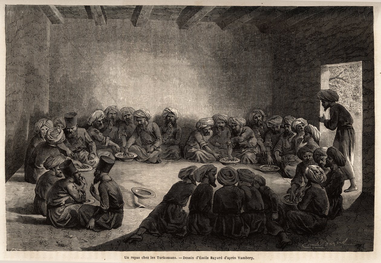 Et måltid hos Turkomans (Irak). Tegning af Emile Bayard (1837-1891), for at illustrere rejsen til Centralasien, i 1863, af Arminius Vambery (ungarsk videnskabsmand forklædt i dervish). Indgravering i "" Le tour du monde"", redigeret af Edouard Charton af Unknown artist