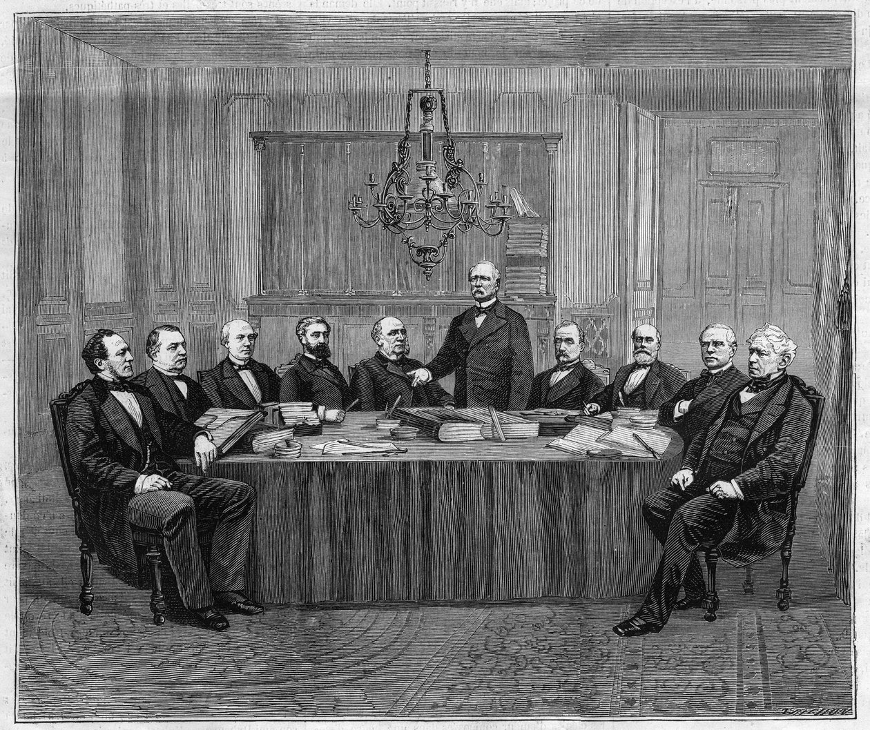 Et møde i Ministerrådet i Versailles. Fra venstre mod højre: Louis Buffet (1818-1898), indenrigsminister; Leon Say (1826-1896), finansminister; Henri Wallon (1812-1904), minister for offentlig undervisning, gudstjeneste og kunst; Alfred af Unknown artist