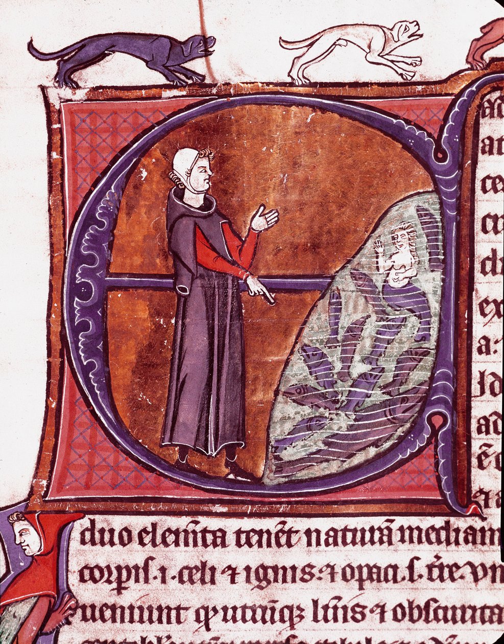 En munk foran en dam, en sirene er repræsenteret blandt miniaturefiskene taget fra manuskriptet "Speculum historiale"" (The Mirror Historial) af Vincent de Beauvais (1184/94-1264) 13. århundrede Laon, kommunalt bibliotek af Unknown artist