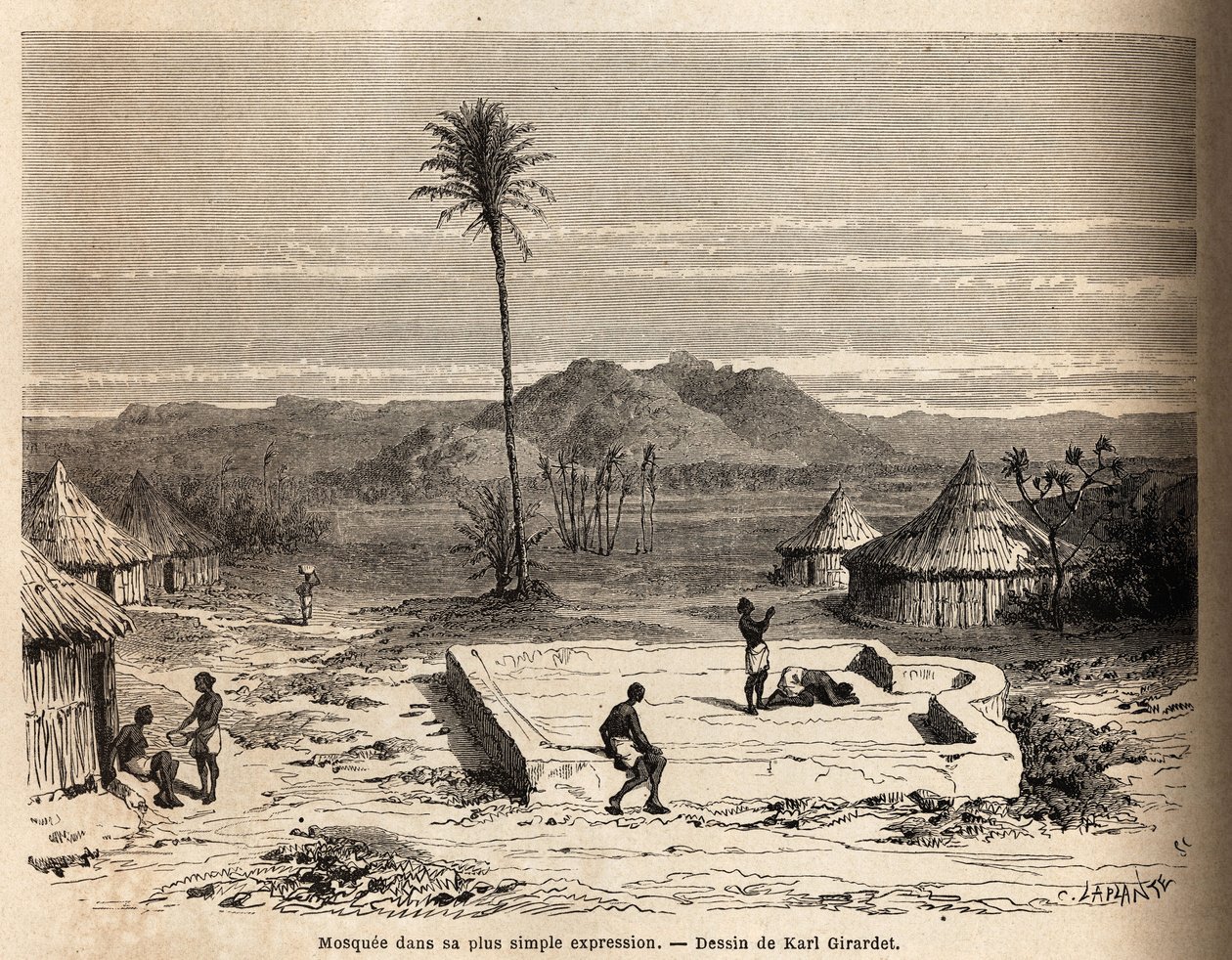 En moské i sit simpleste udtryk, i en landsby nær Abu Hamed, ved Nilens bred. Indgravering til illustration af turen til det østlige Sudan i 1848-1860 af M. Tremmeaux i "Le tour du monde, nouveau journal des voyages", udgivet under den direkte af Unknown artist
