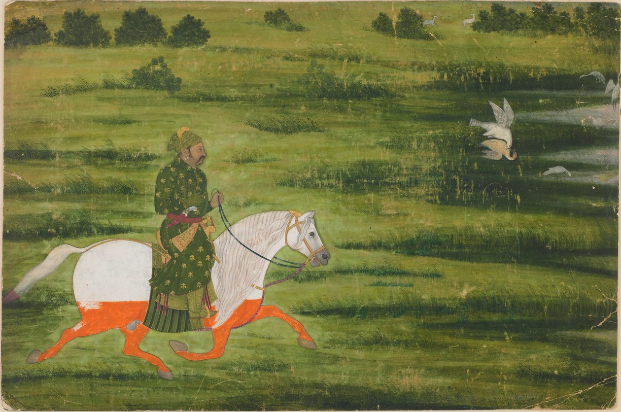 En ridende mand, der jager fugle med en falk af Unknown artist