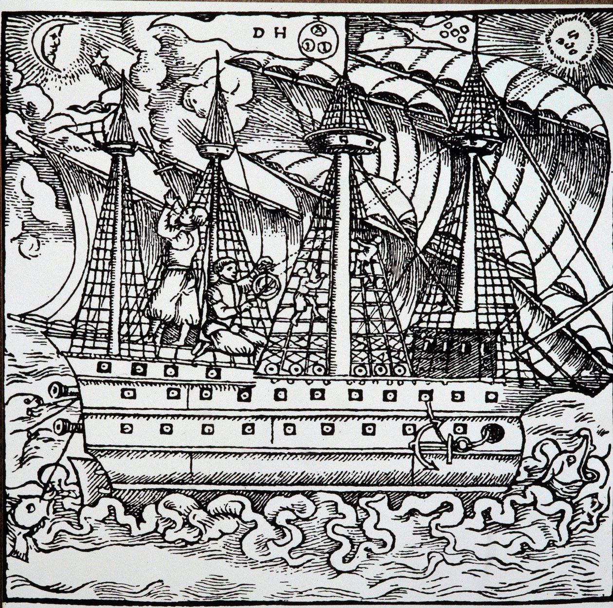 En navigator på en portugisisk karavel ved hjælp af en astrolabium. Gravering fra den tyske navigatør Hans Stadens rejsehistorier (1525-1579) af Unknown artist