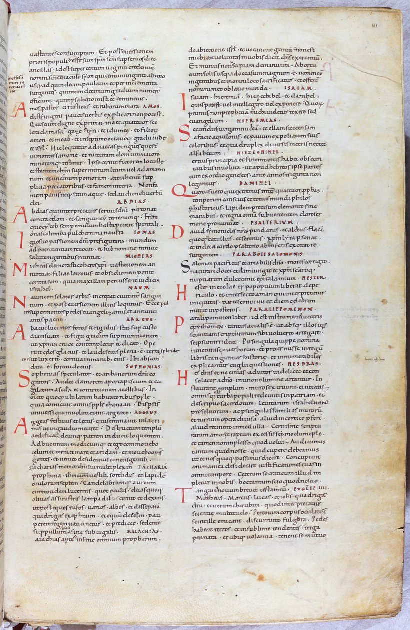 En side fra en bibel fra det 11. århundrede, der introducerer de forskellige bøger i Det Gamle Testamente. af Unknown artist