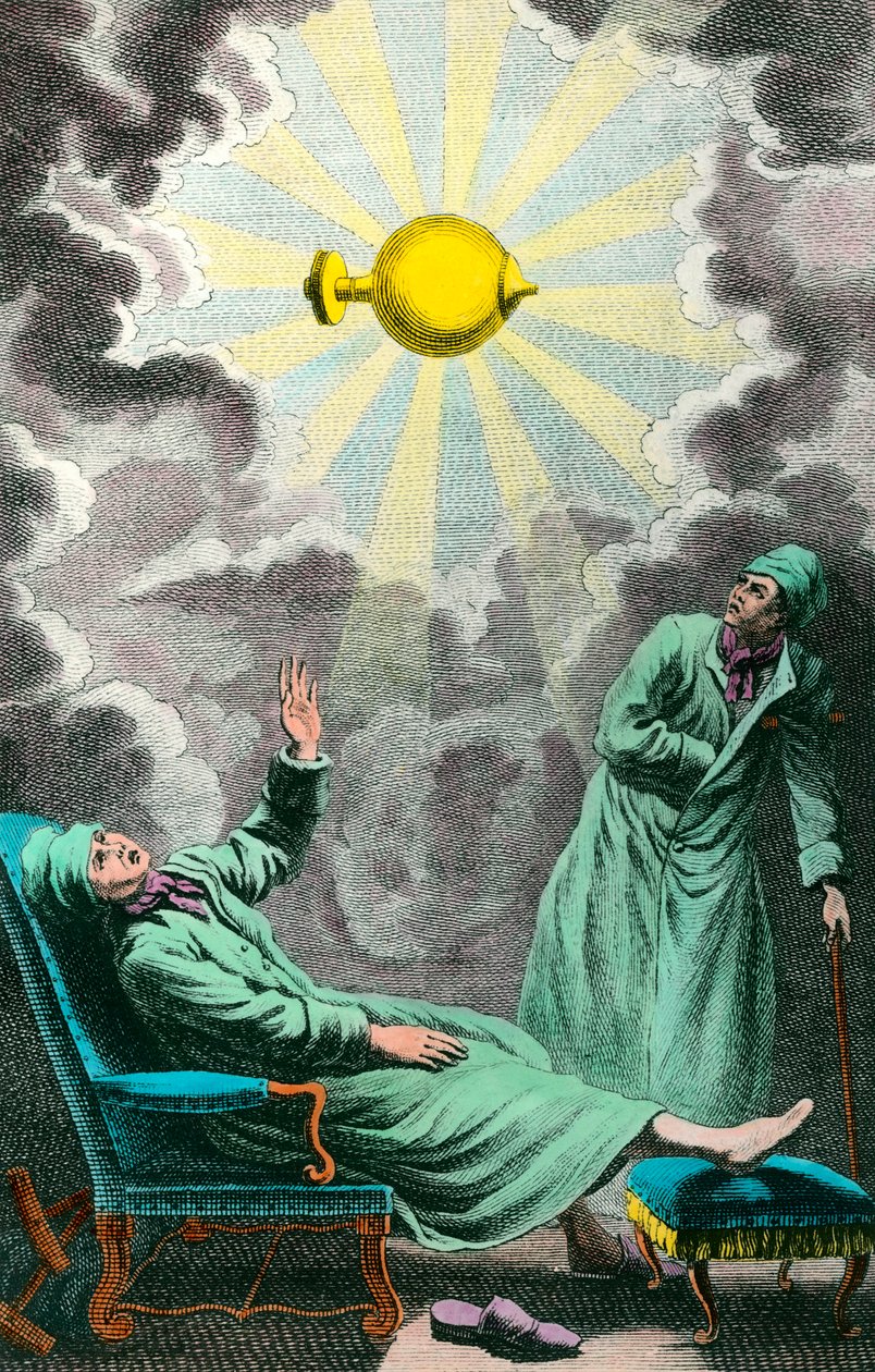 En paralytiker rækker hånden ud til en elektrisk lyskilde, der kan genoprette hans styrke. Frontispice tager udgangspunkt i "The war of lammelse by electricite", et værk dedikeret til Monsignor Marechal Duke of Noailles, af Abbe Sans. Stik af J. B. Chevali af Unknown artist