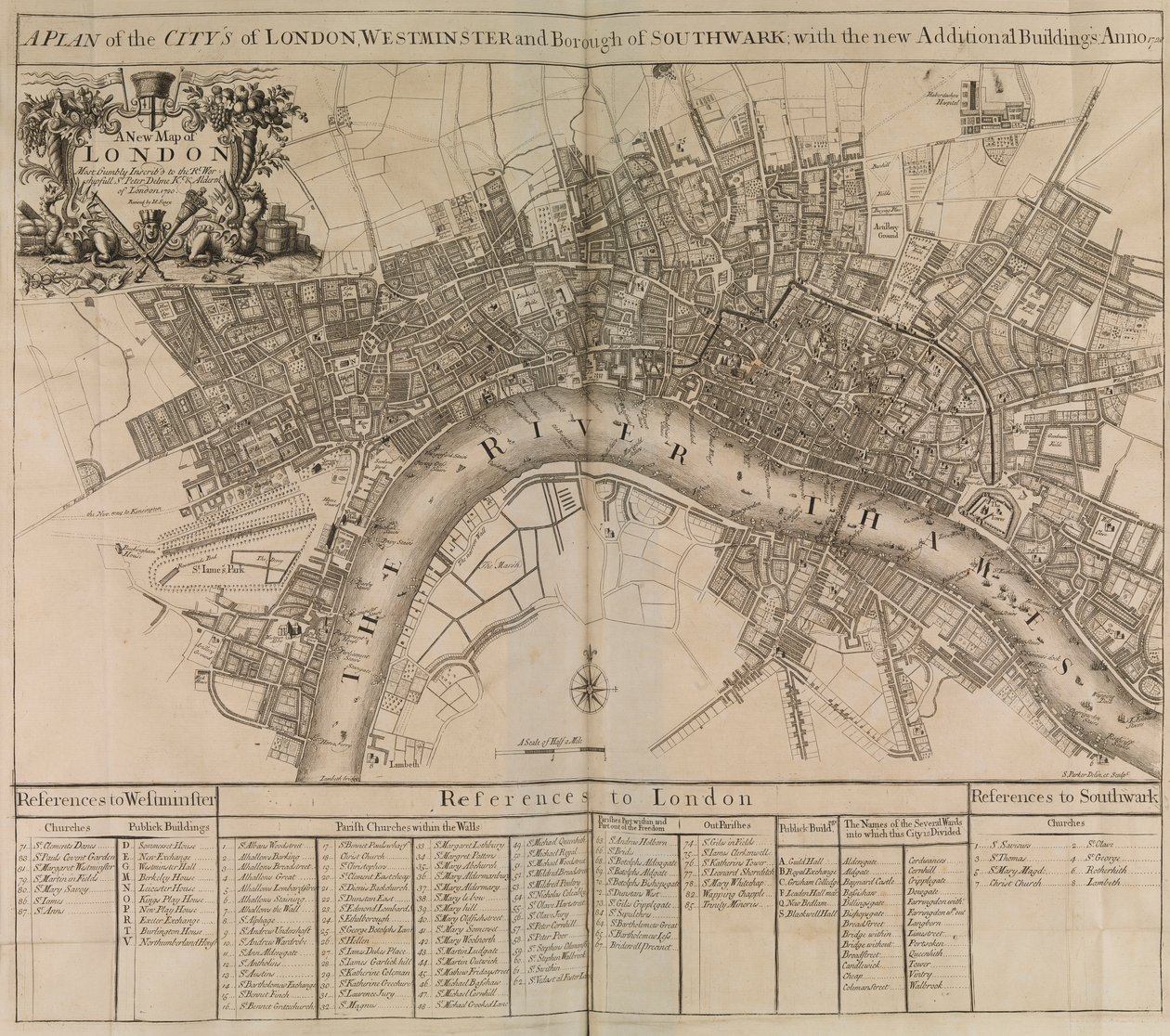 En plan over byen London, Westminster, bydelen Southwark og floden Themsen af Unknown artist
