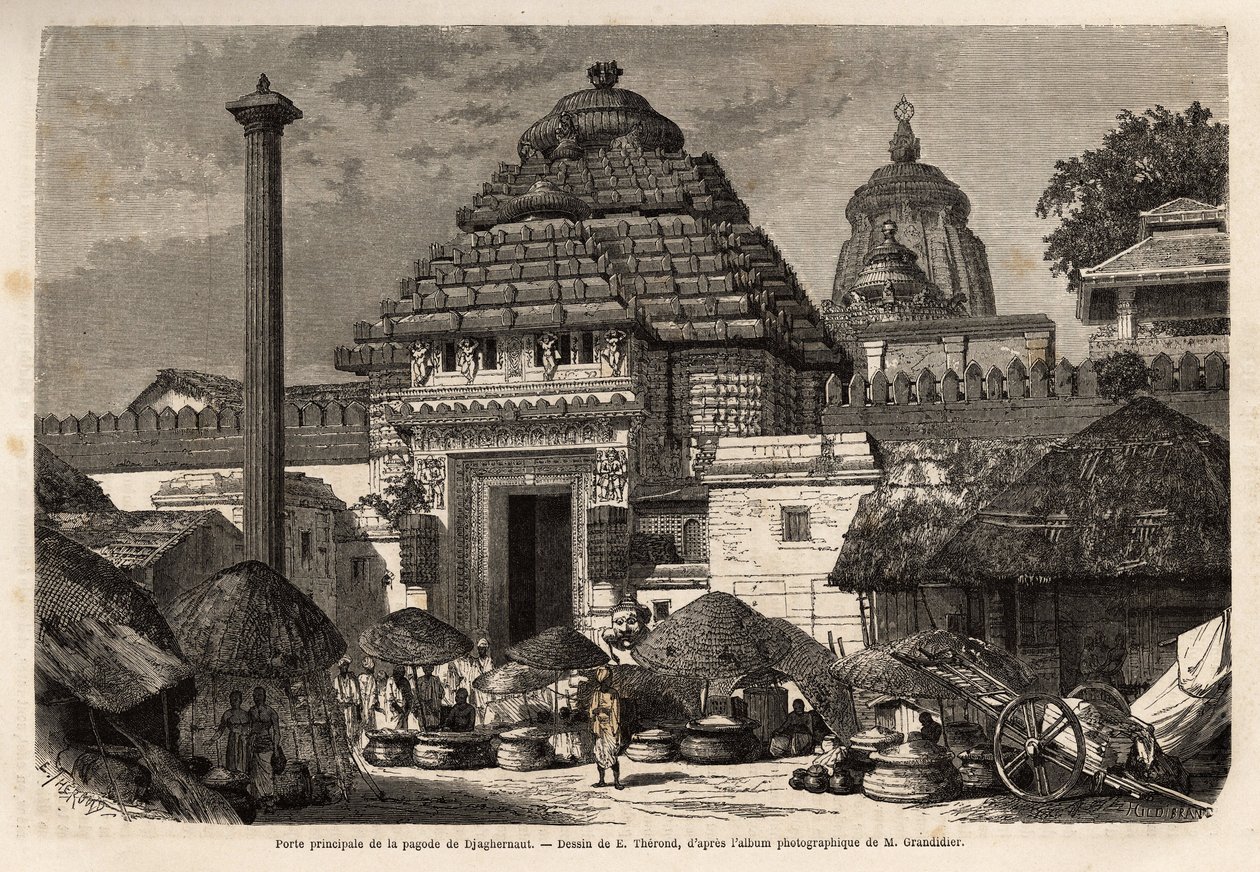 En populær gåtur foran hovedporten til Djaghernaut-pagoden (bygget omkring 1200), en hellig by og pilgrimsrejsested i det sydlige Bengal. Gravering til illustration af rejsen i Indiens meridionalprovinser, af Alfred Grandidier, i 1862-1864, udgivet af Unknown artist