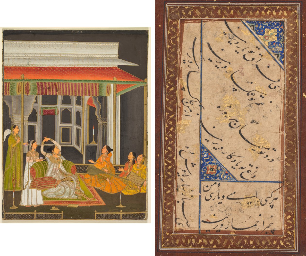 En prinsesse på en terrasse med ledsagere om natten (recto); Kalligrafi (verso) af Unknown artist