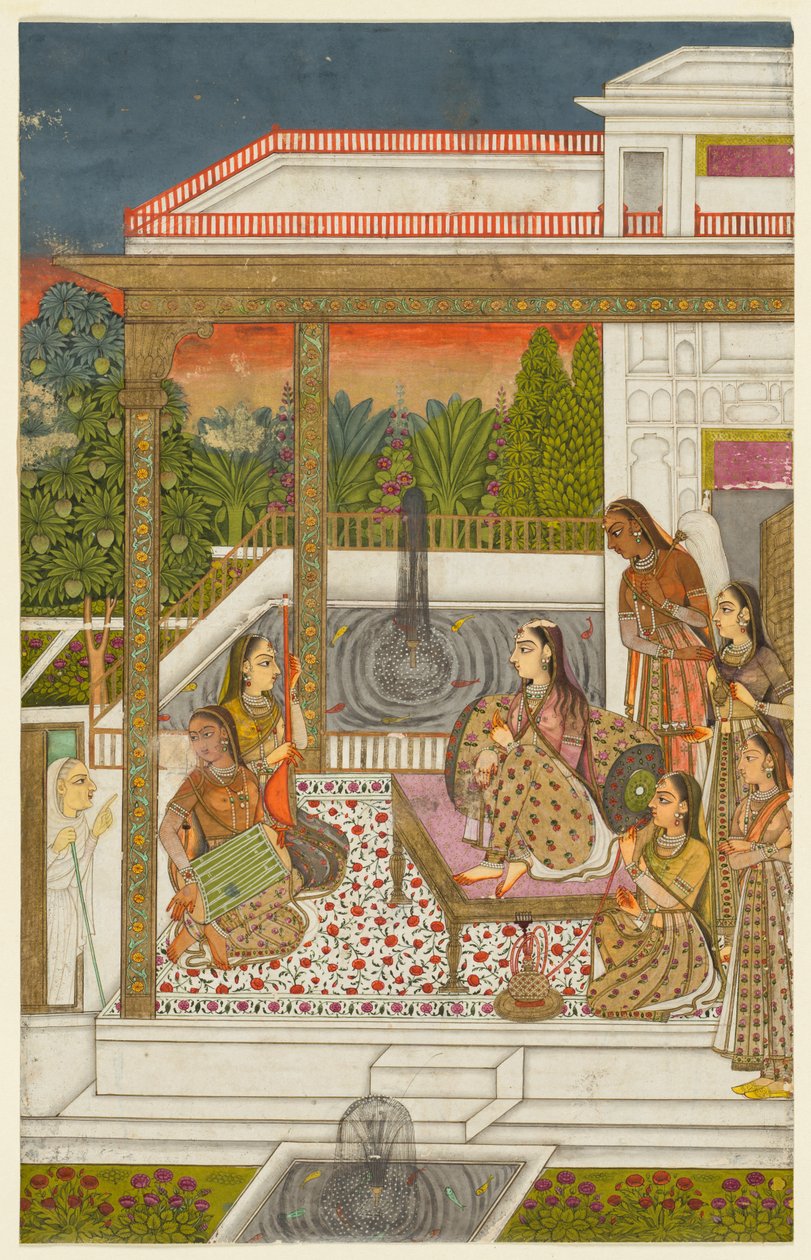 En prinsesse med ledsagere på en terrasse af Unknown artist