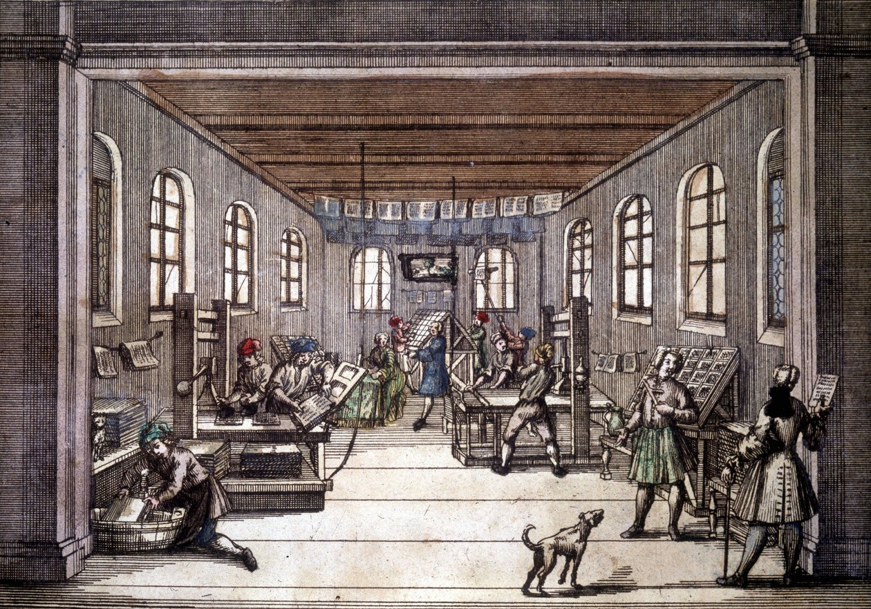 Et trykkeri i begyndelsen af 1700-tallet. af Unknown artist