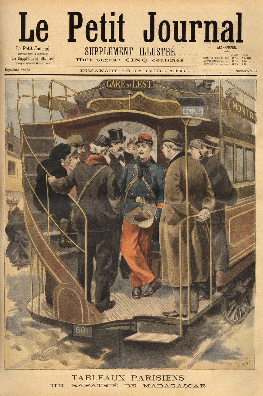 En hjemvendt fra Madagaskar på omnibus-platformen, omgivet af den beundringsværdige menneskemængde. Indgravering i "" Le petit journal"" 26/01/1896. Selvas samling. af Unknown artist