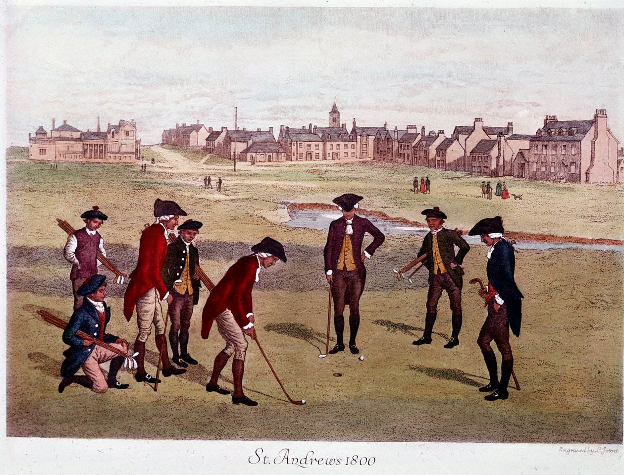 En runde golf med britiske herrer i St. Andrews i Skotland i 1800, hvor spillet blev til. Litografi af det 19. århundredes Paris, dekorativ kunst af Unknown artist