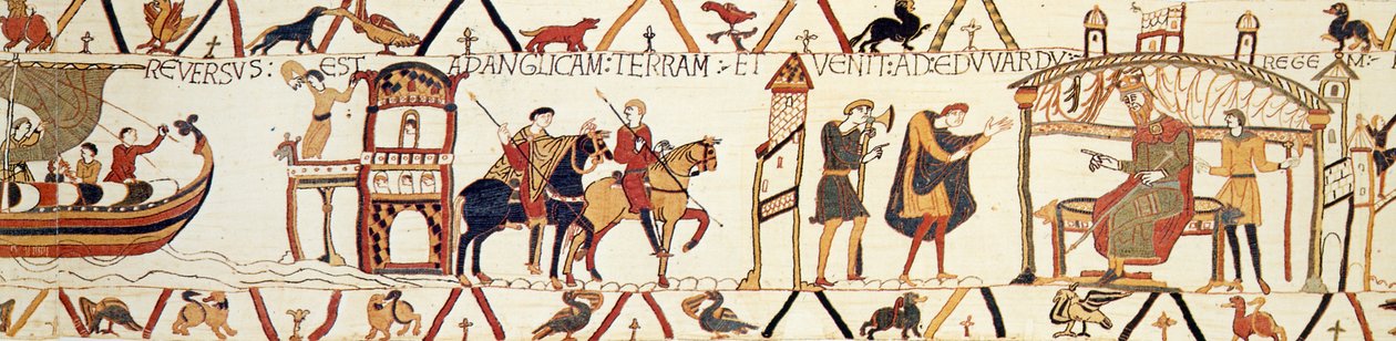 En scene fra Bayeux-tapetet, der skildrer kong Edward, der taler med Harold af Unknown artist