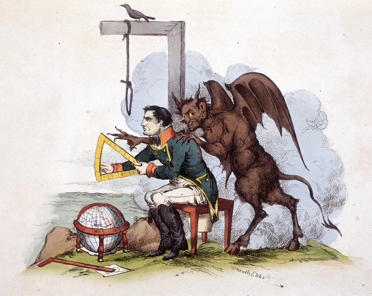 En scene på Elba-øen: Napoleon foran en galge med djævelen - i "" Napoleon 1st, karikaturer, dummy-samling", ca. 1814 af Unknown artist