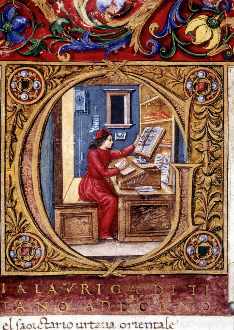 En lærd - på væggen, en af de første repræsentationer af et pendul (bogstavet "" g"). 15. århundredes manuskript. af Unknown artist