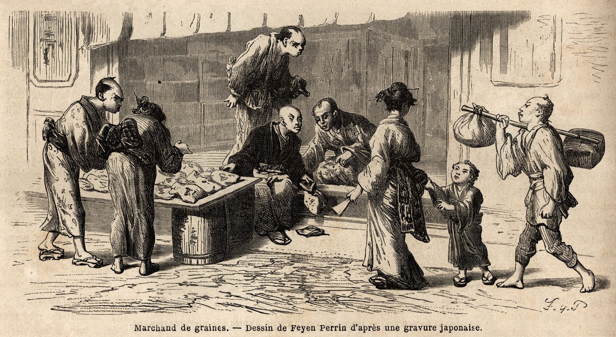 En frøhandler midt på gaden. Indgravering til illustration af rejsen til Japan i 1863-1864 af Aime Humbert, minister for Det Schweiziske Forbund, i "Le tour du monde, nouveau journal des voyages"" udgivet under ledelse af Edouard Charton af Unknown artist