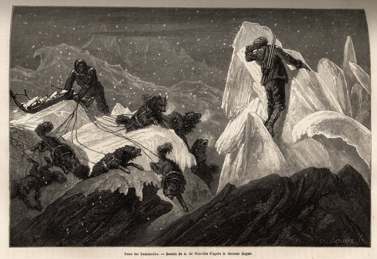 En slæde og hans besætning tabte sig i Hummocks, iturevne isblokke, der besjæler overfladen af ispakken. Gravering til illustration af rejsen til det frie hav af den arktiske pol, af Doctor Hayes, kirurg fra den amerikanske flåde, i 1860-1862, udgivet i " af Unknown artist
