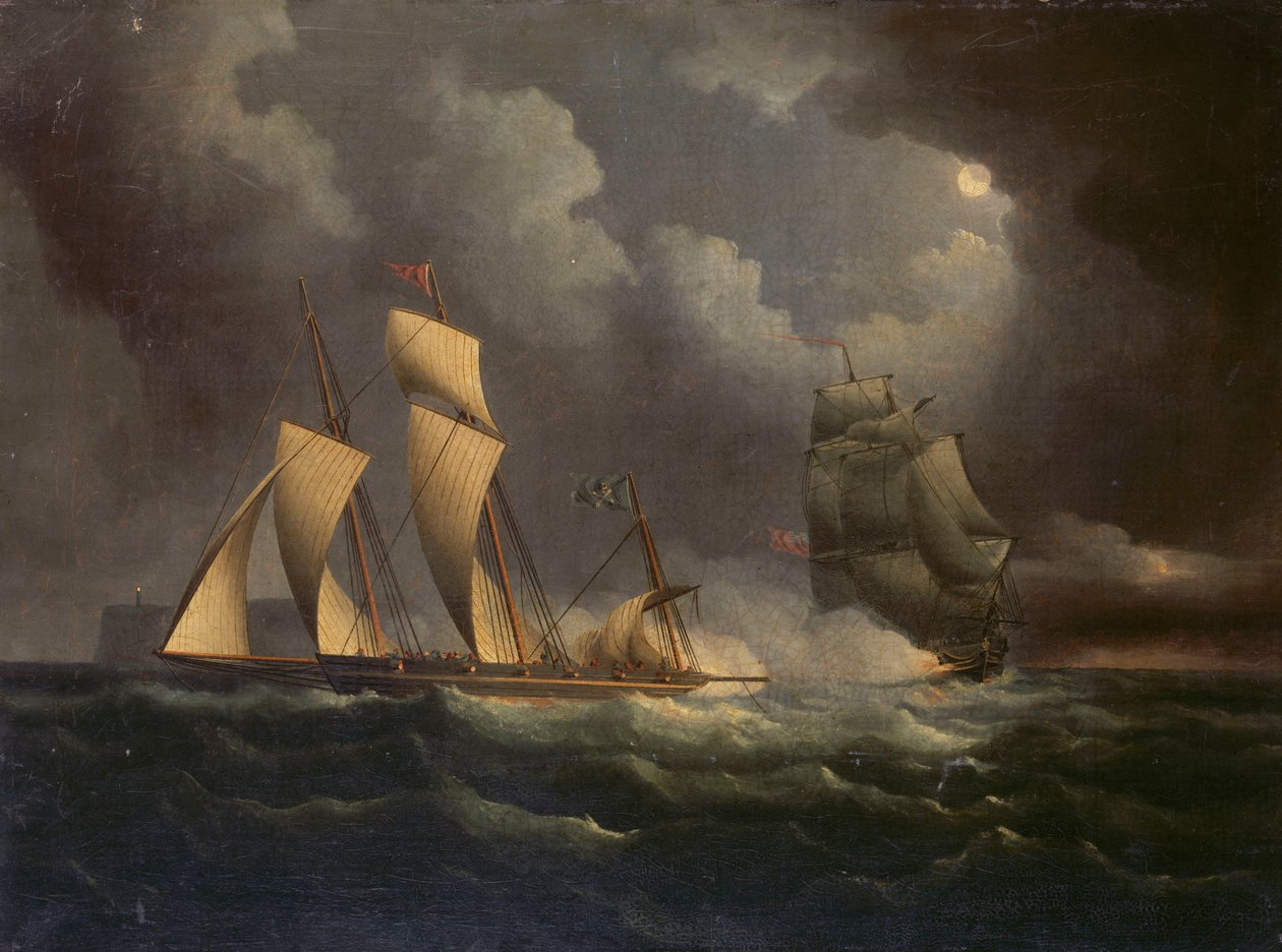 En smuglerbåd jaget af en flådebrig, ca. 1825 (olie på lærred) af Unknown artist