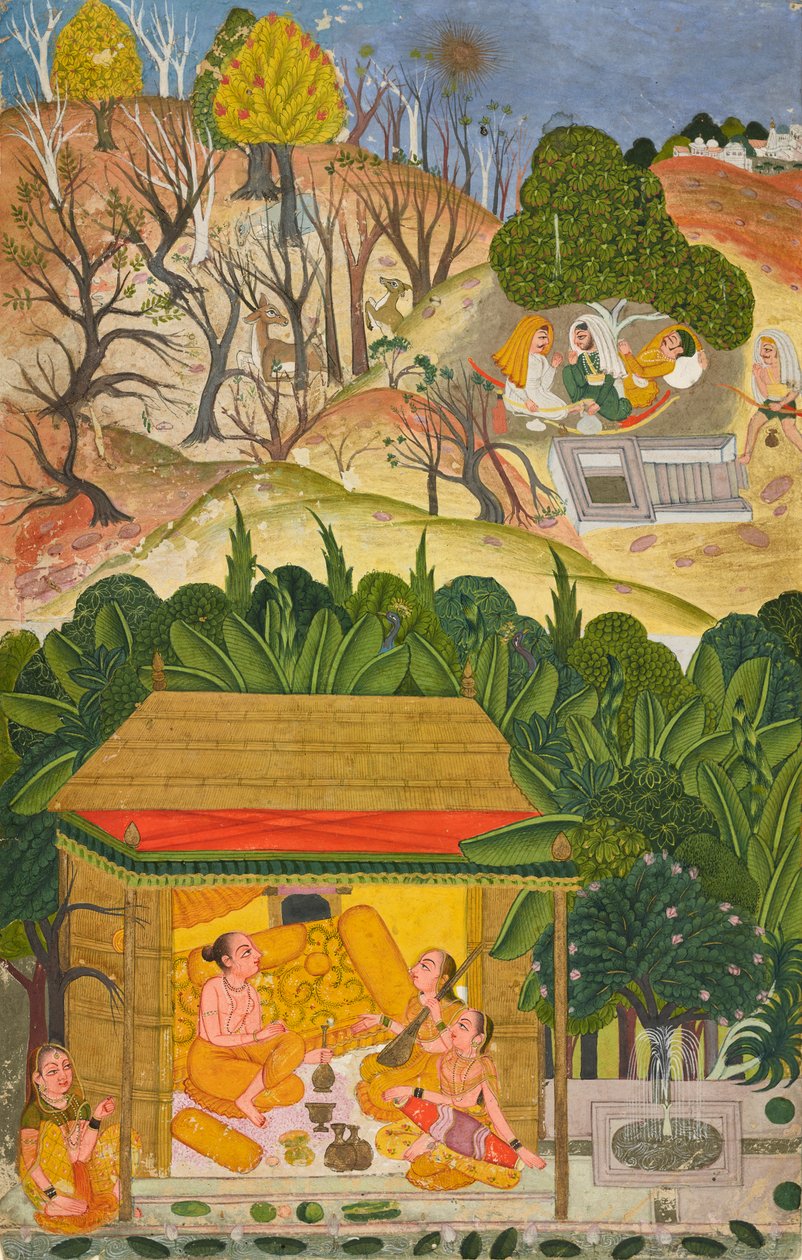 En sommermåned, muligvis Vaisakh, folio fra en <em>Barahmasa</em>-serie af Unknown artist