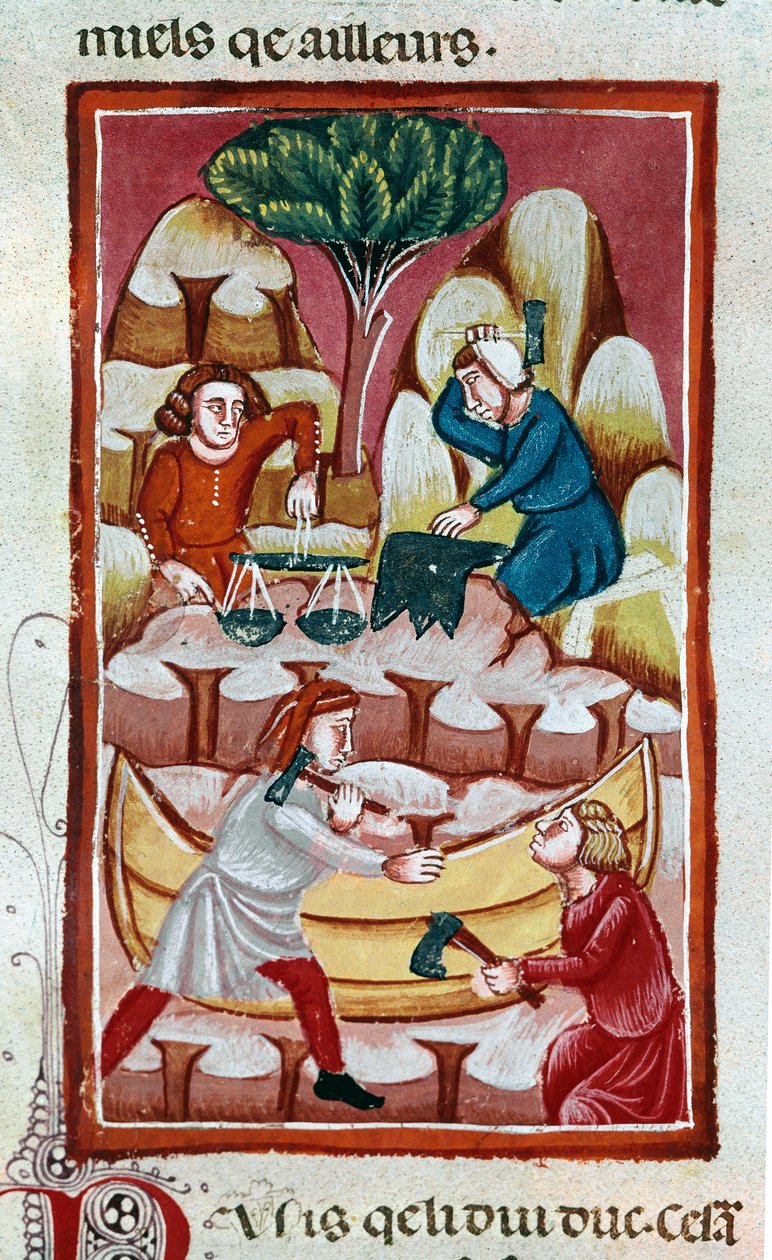 En handelsmand, der bruger en vægt, en smed, der slår på en ambolt, to arbejdere, der arbejder på en båd på et skibsværft. Miniature taget fra "" The Facts of the Romans""" Venedig fra det 13. århundrede, biblioteca Marciana af Unknown artist