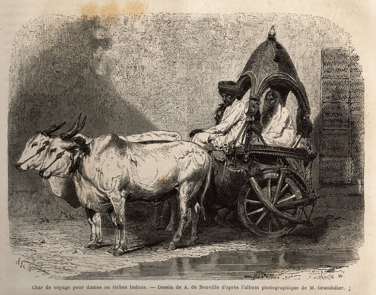 En rejsetank fyret af to hvide okser, for damer eller hinduer velhavende. Gravering til illustration af rejsen i Indiens meridionale provinser, af Alfred Grandidier, i 1862-1864, udgivet i "" le tour du monde" under ledelse af D