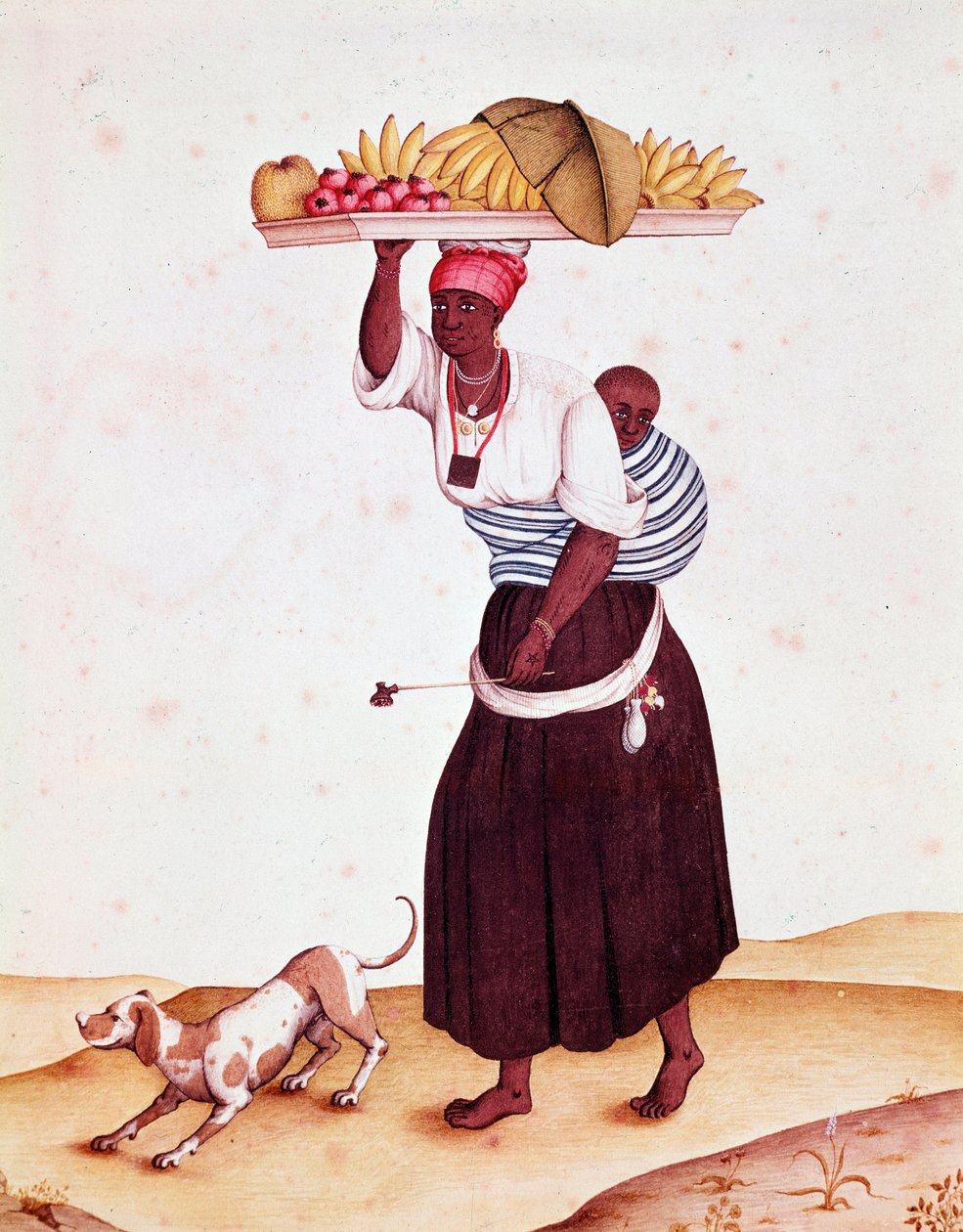 Hun er en rejsende frugthandler i Bresilian og bærer sit barn bag ryggen. Akvarel af det 18. århundrede. Rio de Janeiro, Nationalbiblioteket af Unknown artist