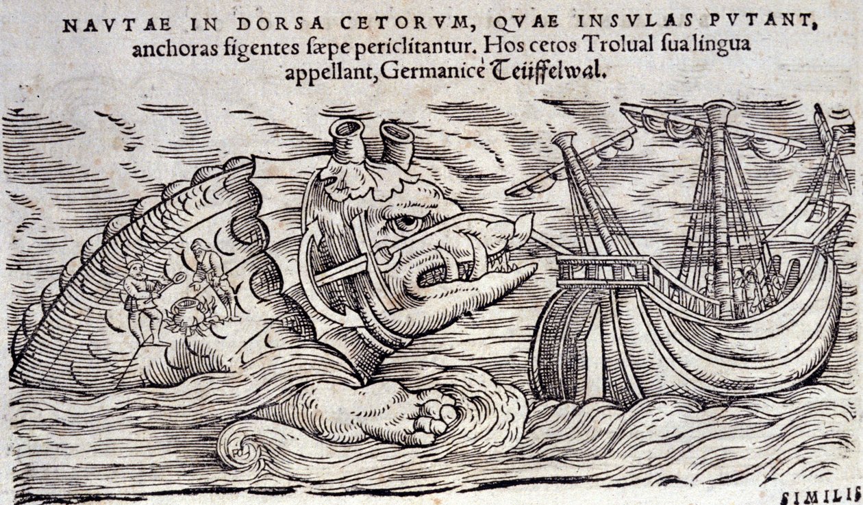 En hval forvekslet med en ø. To personer tænder bål på ryggen af et marinemonster. Gravering n Historia Animalium af Conrad Gesner (1516-1565), Tiguri af Unknown artist