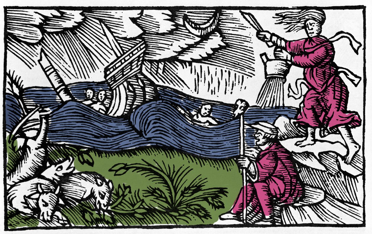 En heks forårsager en storm efter "Historia de gentis septentrionalibus" af Olaus Magnus, Rom 1555 af Unknown artist