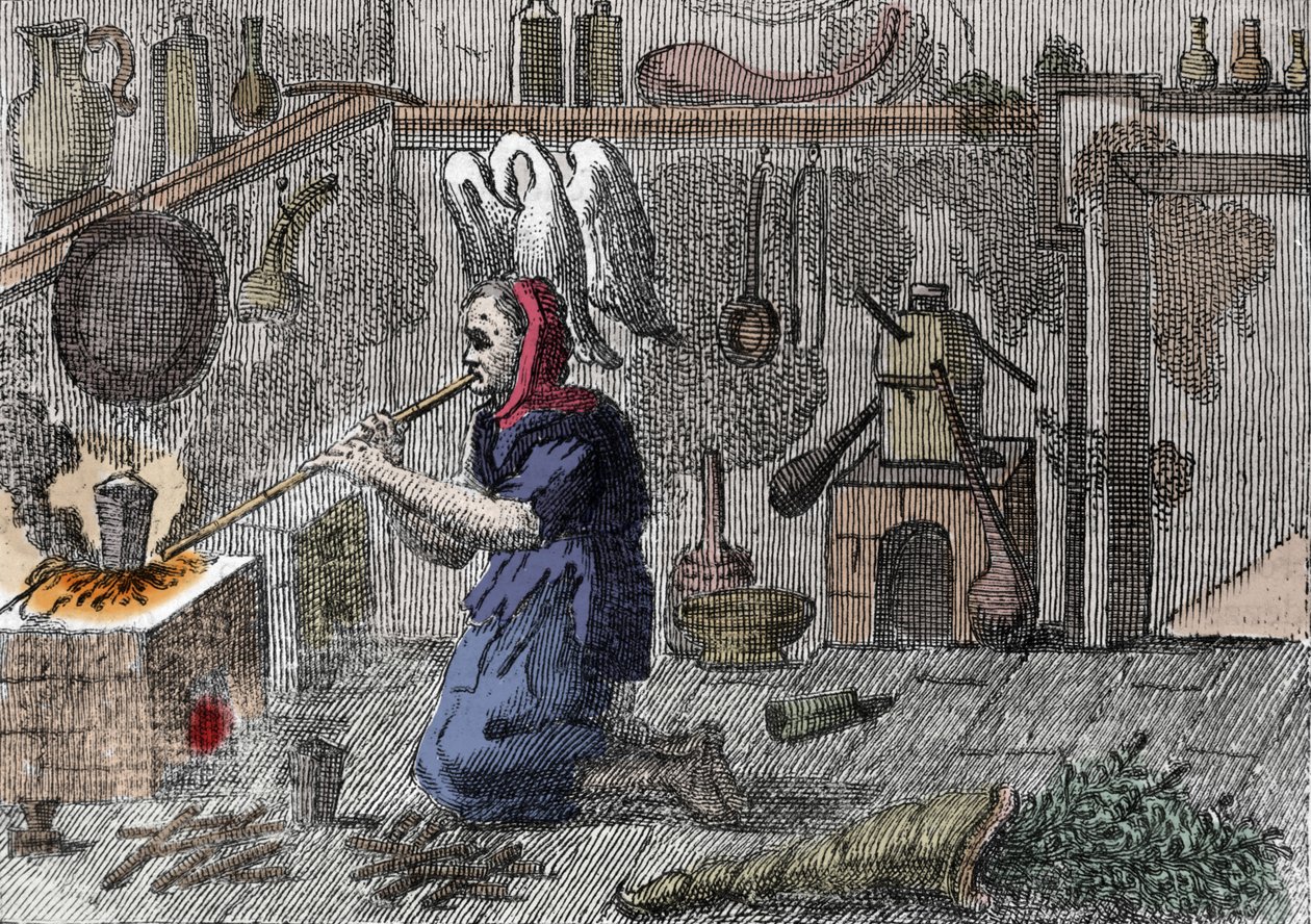 En heks i sit laboratorium forbereder en trylledrikk, lige et horn fyldt med magiske urter. Indgravering af det 16. århundrede af Unknown artist