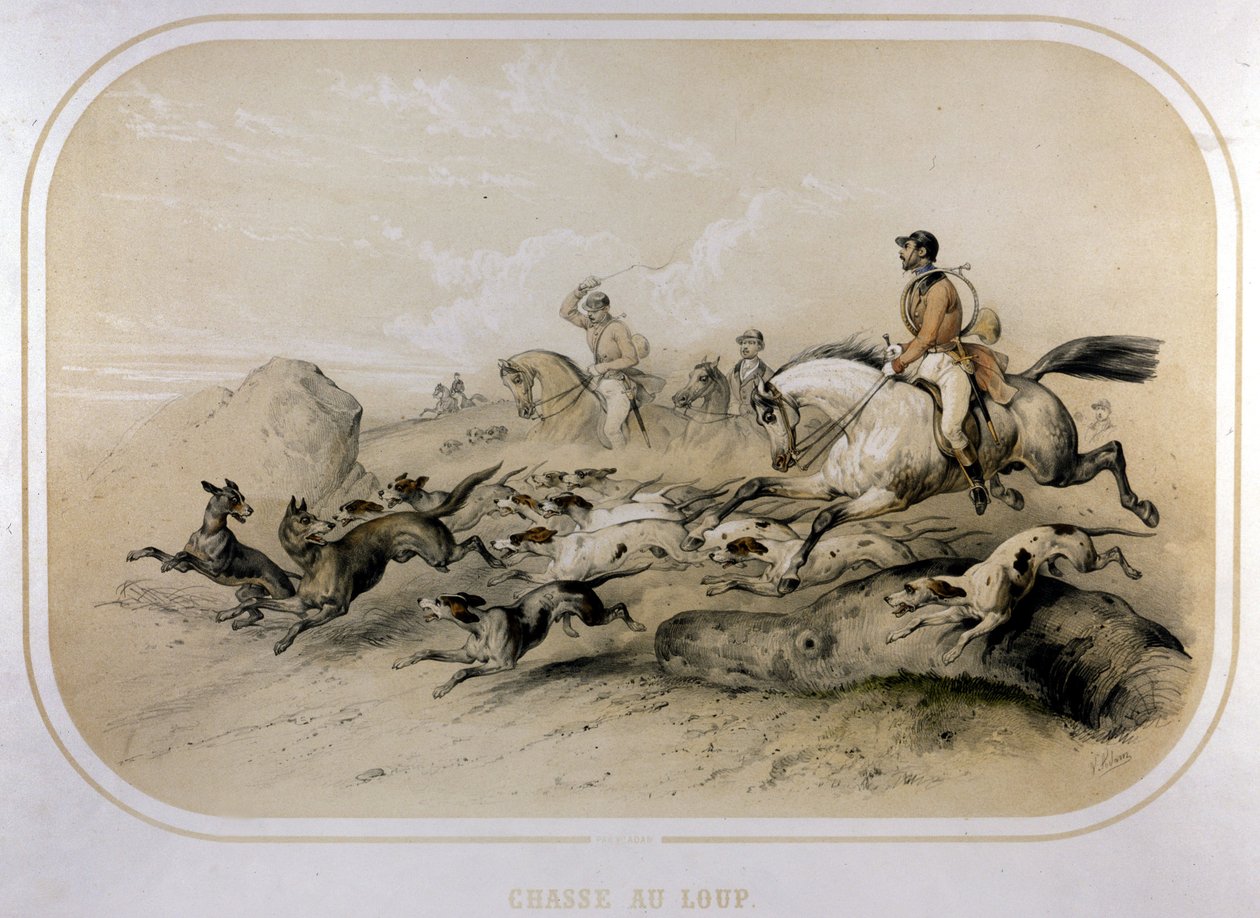 En ulvejagt. 1800-tals gravering. af Unknown artist