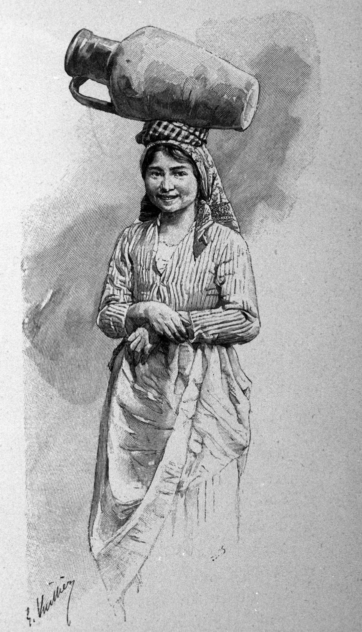 En ung siciliansk kvinde med en kande på hovedet. af Unknown artist