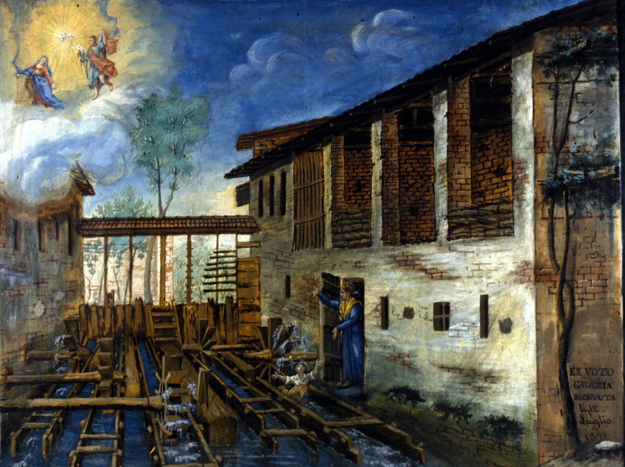 Et lille barn reddet fra en vandmølles paller. af Unknown artist