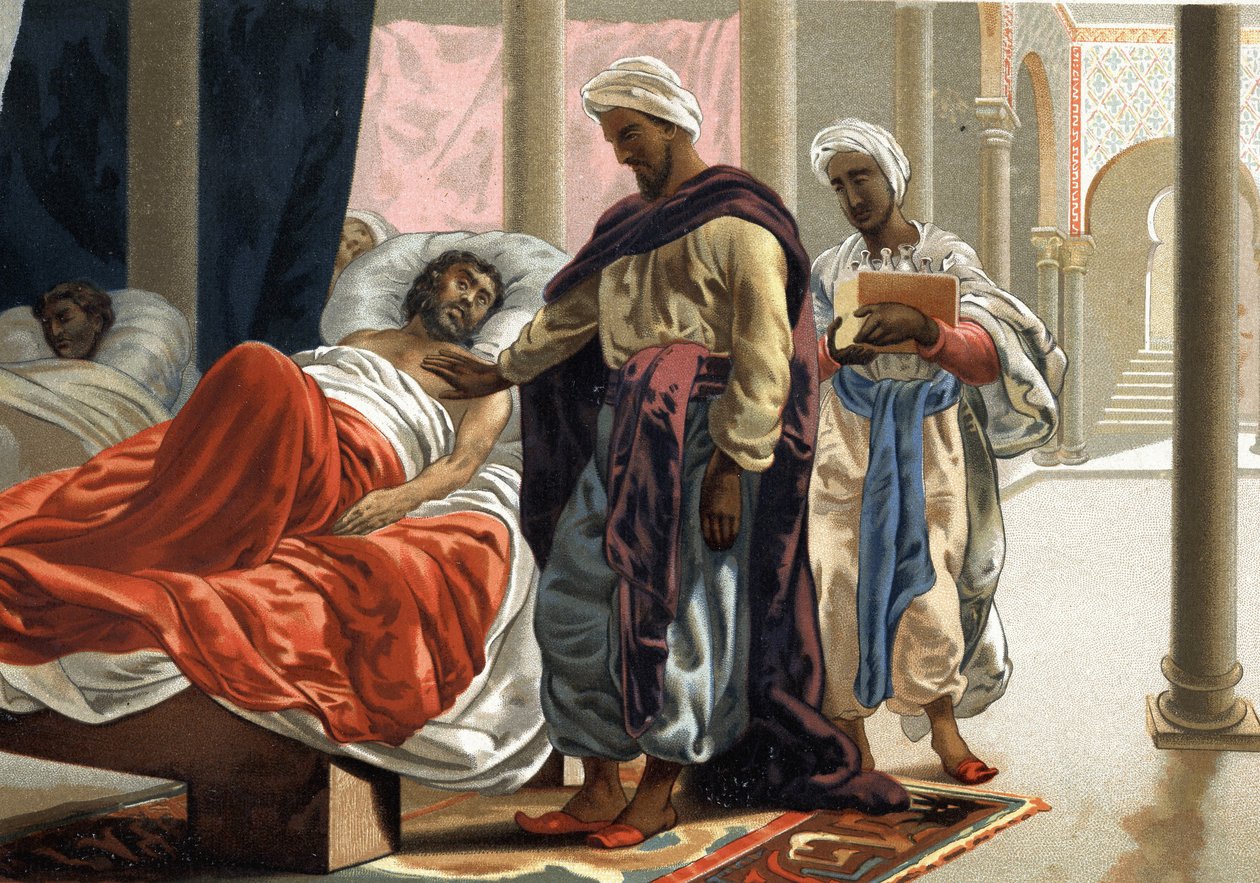 Abulcasis (Abul Qasim ibn Khalaf al-Abbas al-Zahrawi (936 - 1013 e.Kr.) tager sig af en syg person i Spanien omkring år 1000. ifølge "Science and its Men"" af Louis Figuier. Barcelona 1881 af Unknown artist
