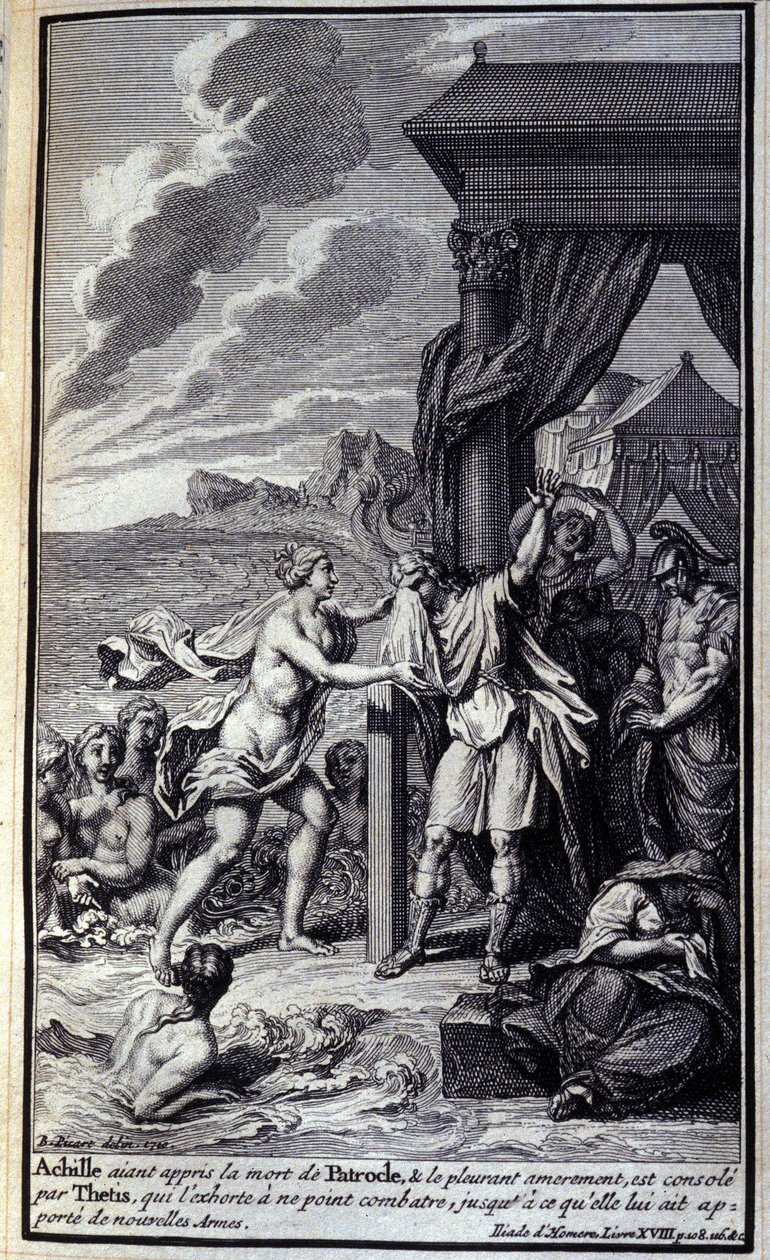 Achilles, der har hørt om Patrokles død og græder ham bittert, bliver trøstet af Thetis, som formanede ham til ikke at kæmpe, indtil hun bragte ham nye våben." Illustration af bog XVIII af Iliaden af Homere, fransk udgave af Unknown artist