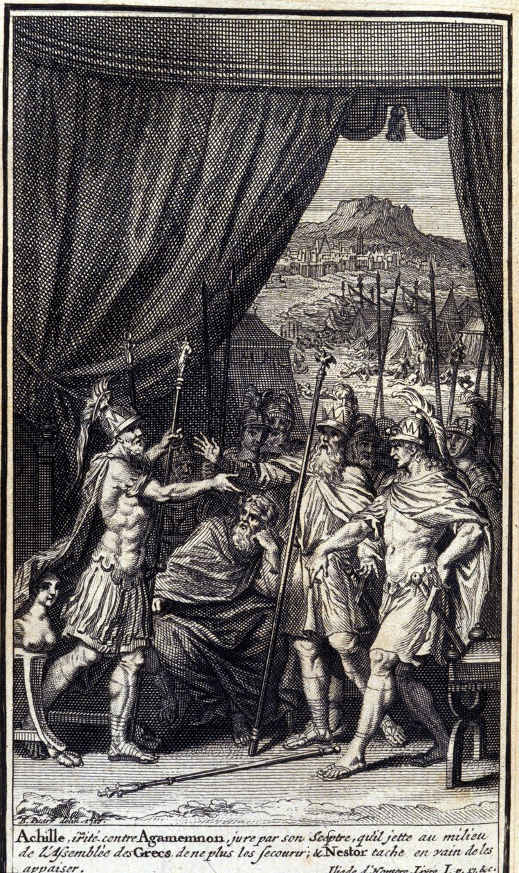 Achilleus, irriteret mod Agamemnon, sværger ved sit scepter, at han kaster midt i grækernes forsamling for ikke at hjælpe dem; og Nestor pletter forgæves for at formilde dem. Illustration af bog I af Iliaden af Homere, fransk udgave af Unknown artist