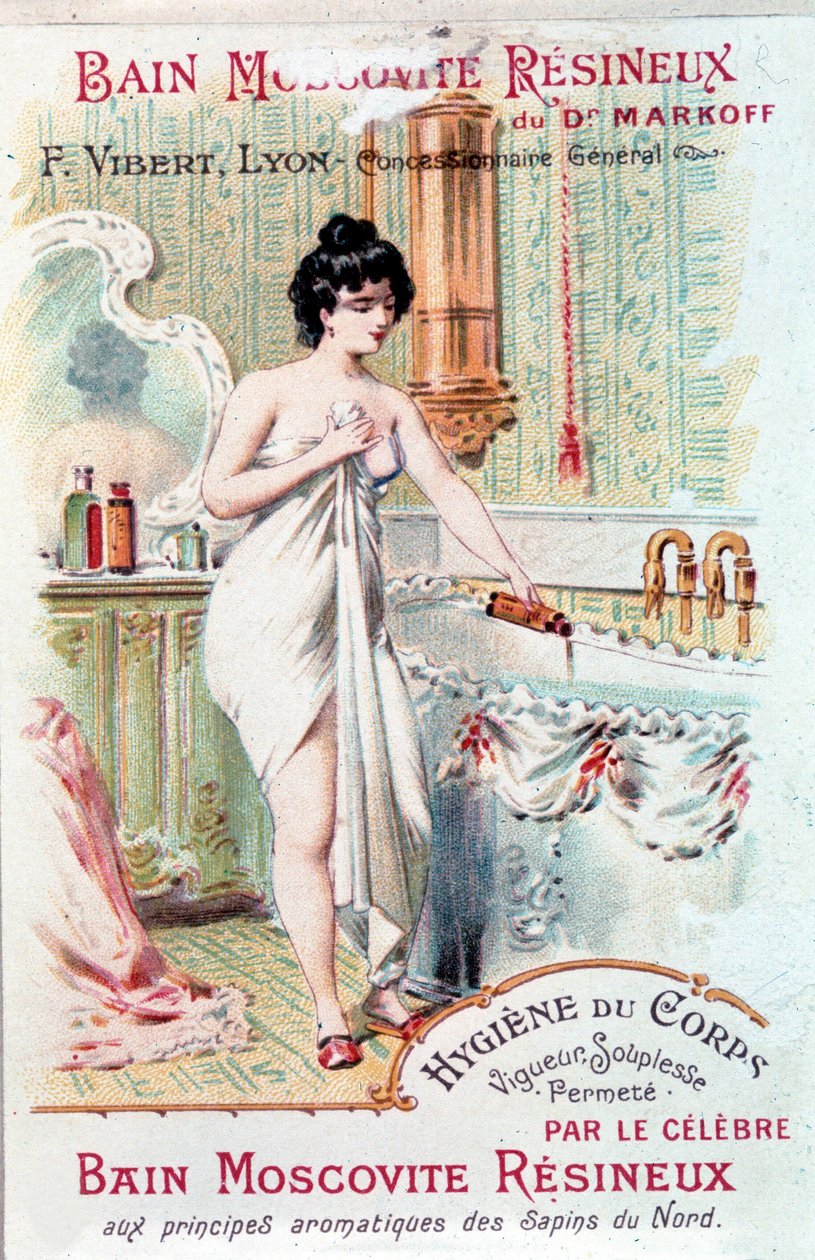 Reklame for Muscovite Resineux-badet, for kroppens hygiejne: en ung kvinde hældte en badeolie i sit badekar. 1890. af Unknown artist