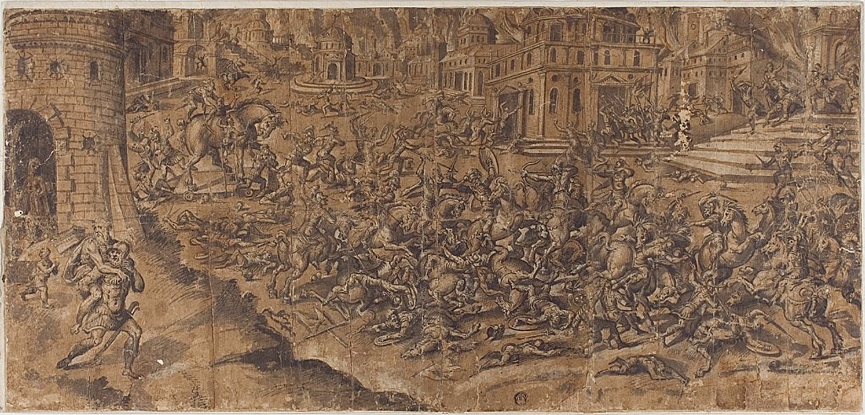 Aeneas forlader den brændende by Troja af Unknown artist