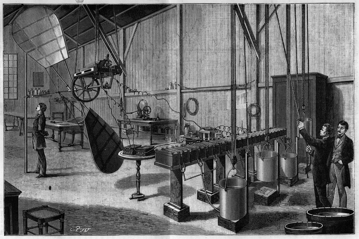 Aerostatisk værksted for Tissandier freres: Oversigt over en propel med to helicoide-paller, der betjenes af en Siemens dynamo elektrisk maskine og et batteri af lette kaliumchlorid bichromat-batterier. Stik fra 1883. i “” La Nature. Gennemgang af videnska af Unknown artist