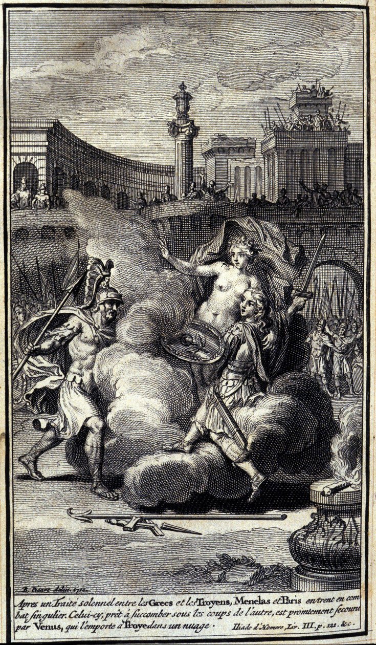 Efter en højtidelig aftale mellem grækerne og trojanerne, gik Menelas og Paris i en enestående kamp. Denne, klar til at bukke under under den andens slag, bliver reddet af Venus, der vinder Troyes i en sky. Illustration af bog III af Iliaden om Hjem af Unknown artist