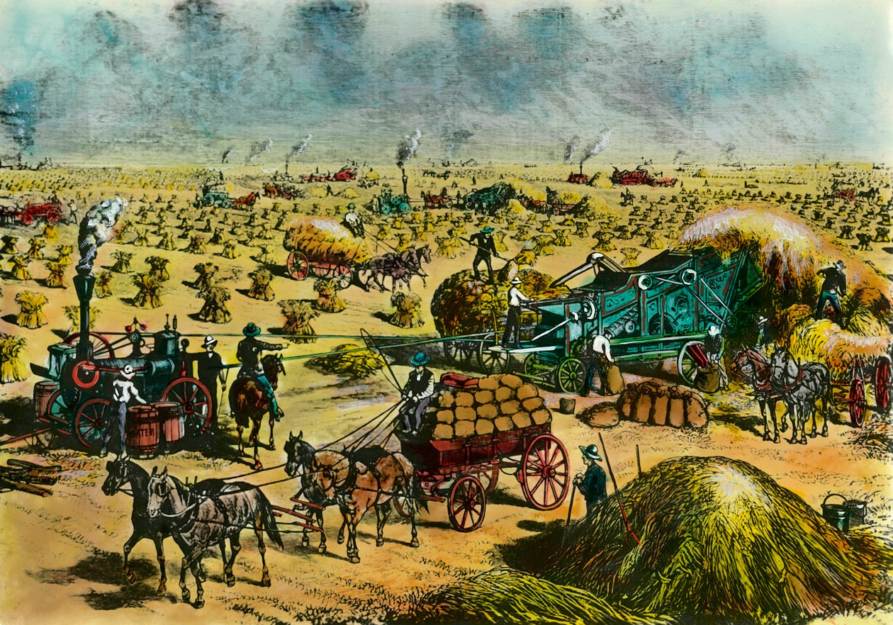 Landbrugsrevolution: høst hvede i Dakota med dampmaskiner i det 19. århundrede. Indgravering af det 19. århundrede. Paris, dekorativ kunst af Unknown artist