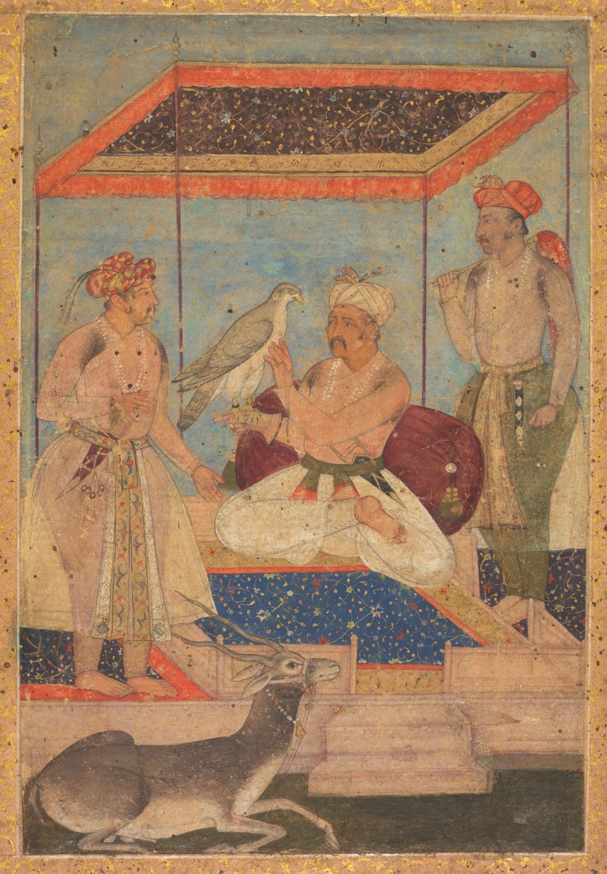 Akbar og Jahangir undersøger en Ghir-falk, mens prins Khusrau står bagved af Unknown artist