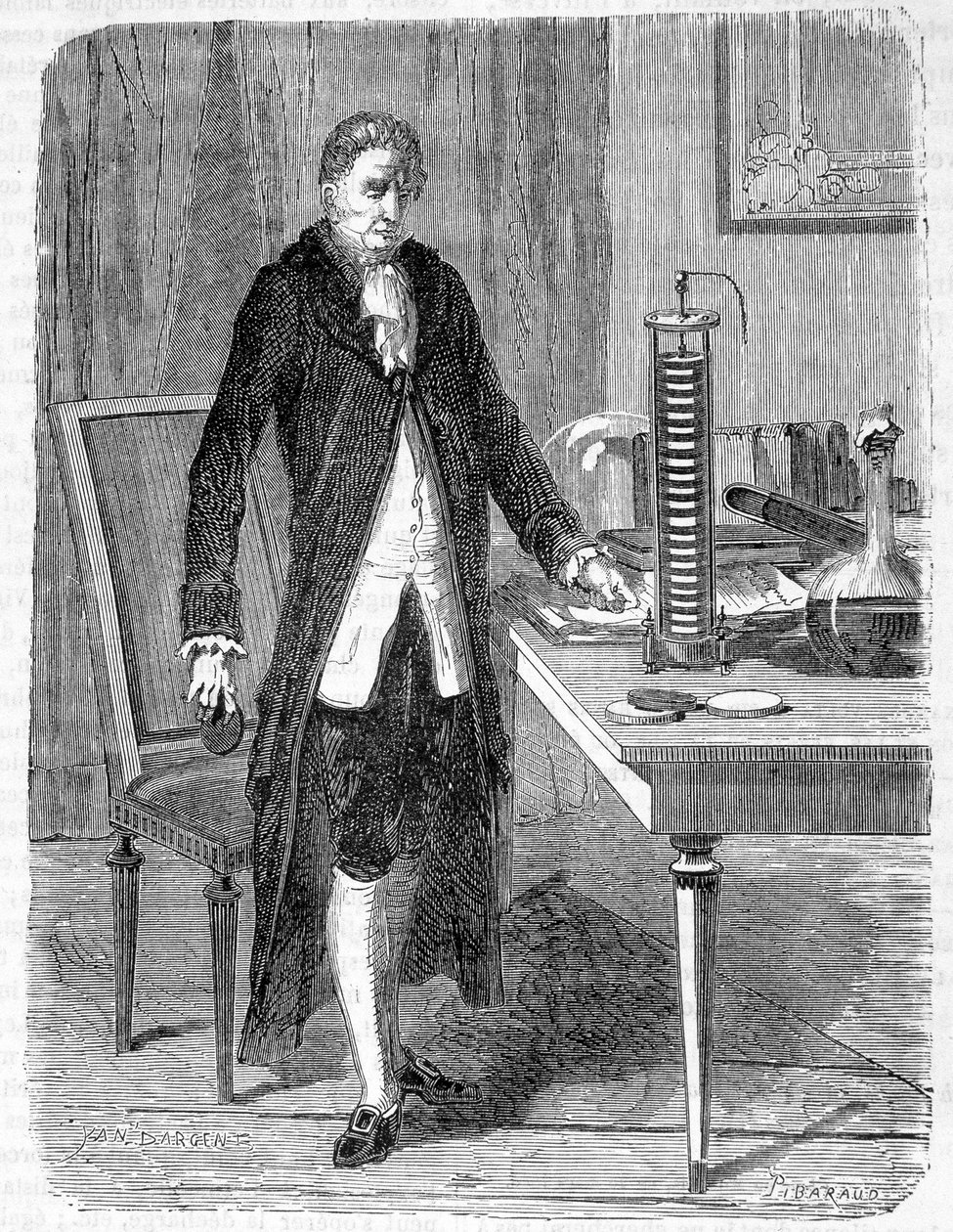 Alessandro (Alexandre) Volta byggede i 1799 elektromotoren eller det elektriske batteri - gravering af Unknown artist