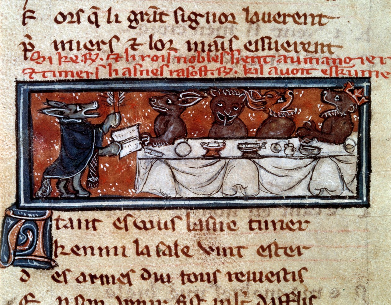 Allegori om middelalderens samfund: "Ved den adelige konges bord"". Dyr i menneskelig kropsholdning, der skildrer en banketscene med en konge og hans hoffolk. Miniature fra manuskriptet "The Roman De Renart Le Nouvel" af Jacquemart Gielee af Unknown artist
