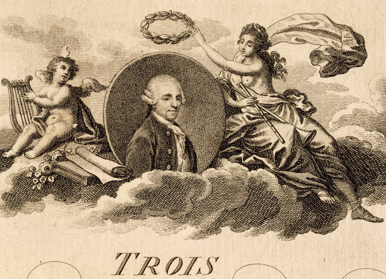 Allegori af Franz Joseph Haydn (1732-1809) på titelsiden af partitur til Three Quartets, Opus 75, Book I af Unknown artist