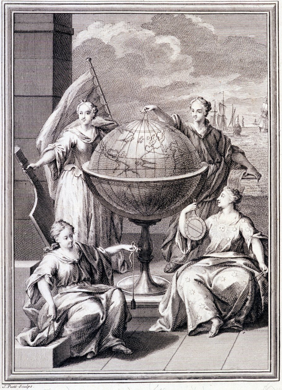 Allegory of the Exploration of the World - i "" Historical Journey of South America udført efter ordre fra kongen af Spanien"", af Don Georges Juan og Don Antoine de Ulloa, Librairie du Roi, Paris af Unknown artist