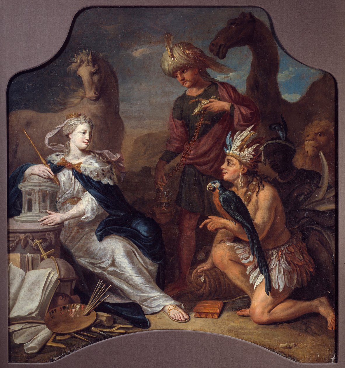 Allegori om de fire kontinenter Europa til venstre, der opdager arv, kultur og kunst, står over for Amerika, Asien og Afrika (i skyggerne) og hylder den. Maleri af den anonyme skole. 1700-tallet. La Rochelle, New World Museum af Unknown artist