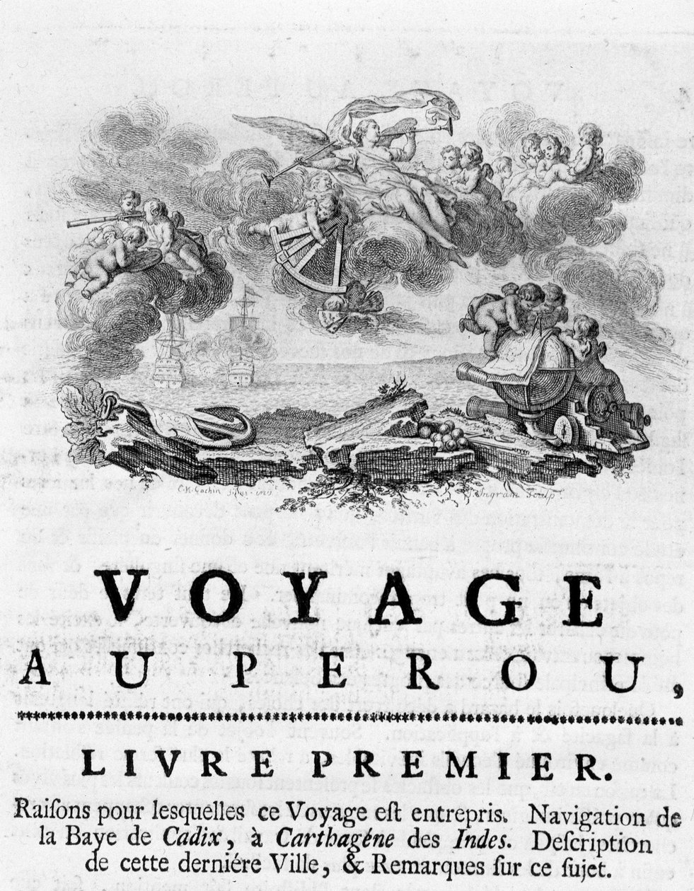 Allegori om ""rejsen til Peru"". Illustration i "" Historical Journey of America Meridionale udført efter orden af kongen af Spanien"", af Don Georges Juan og Don Antoine de Ulloa, Librairie du Roi, Paris af Unknown artist