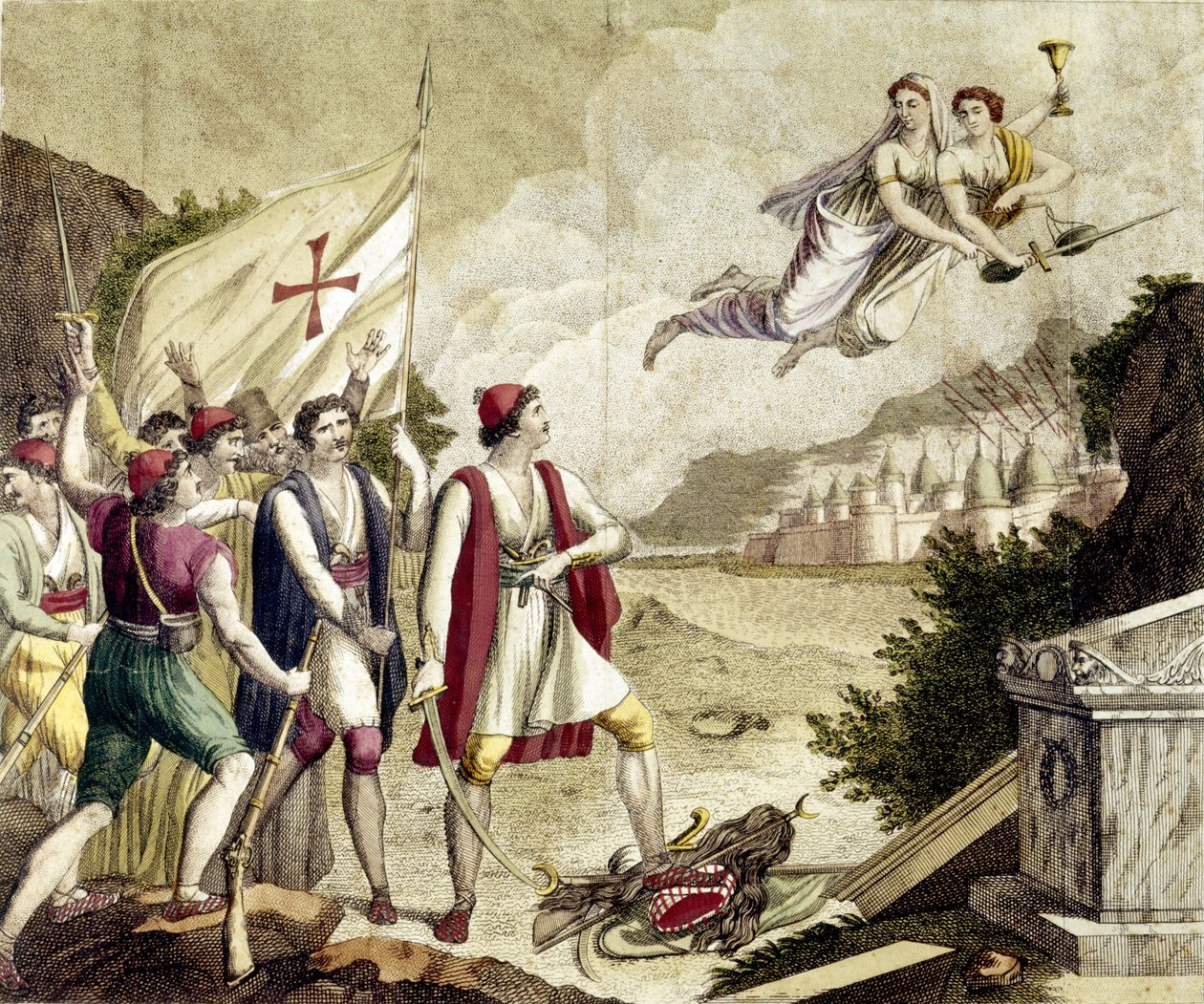 Allegori om genopvågningen af den nationalistiske følelse af Grækenland under osmannisk dominans, som førte til den græske uafhængighedskrig (1821-1830) eller den græske revolution. af Unknown artist